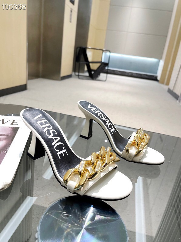 VERSACE CHAIN MID-HEEL LEATHER MULES