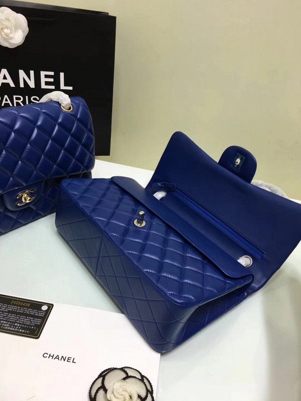 CL 1112 Blue Large Size 30cm Lambskin Leather Flap Bag With Gold/Silver Hardware
