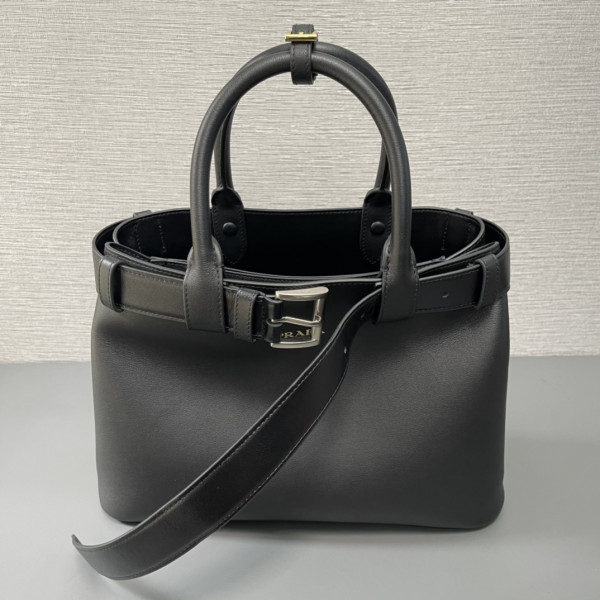Pra*a buckle large leather handbag with belt-32*23*11cm